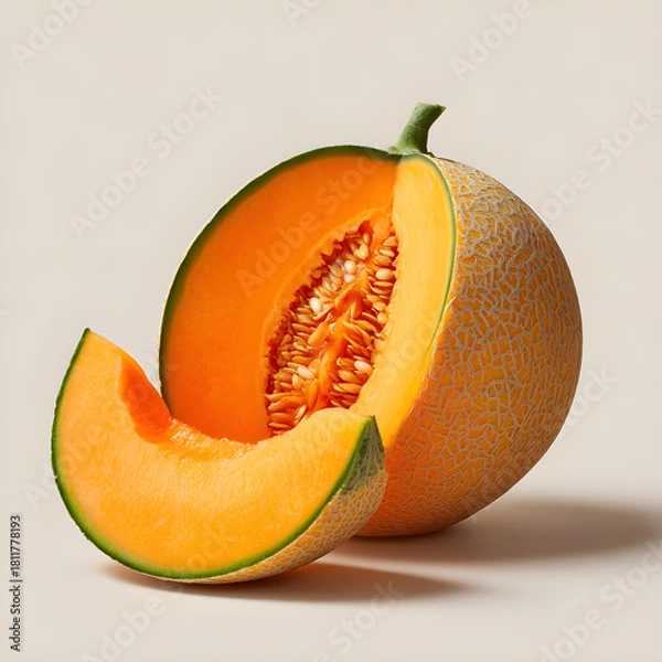 Fototapeta Juicy cantaloupe melon with a slice showing vibrant orange flesh and seeds