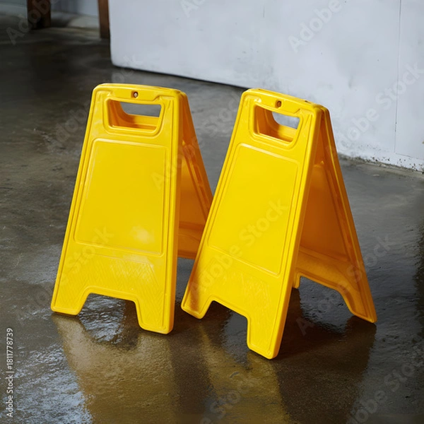 Fototapeta Two bright yellow wet floor caution signs standing on a wet floor