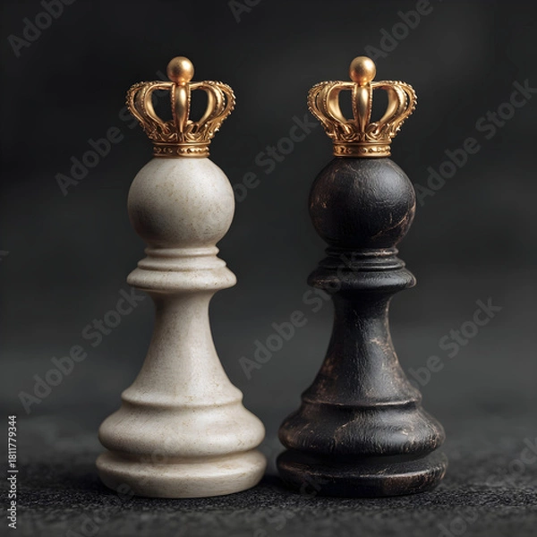 Fototapeta Two regal chess king pieces one white and one black stand side by side