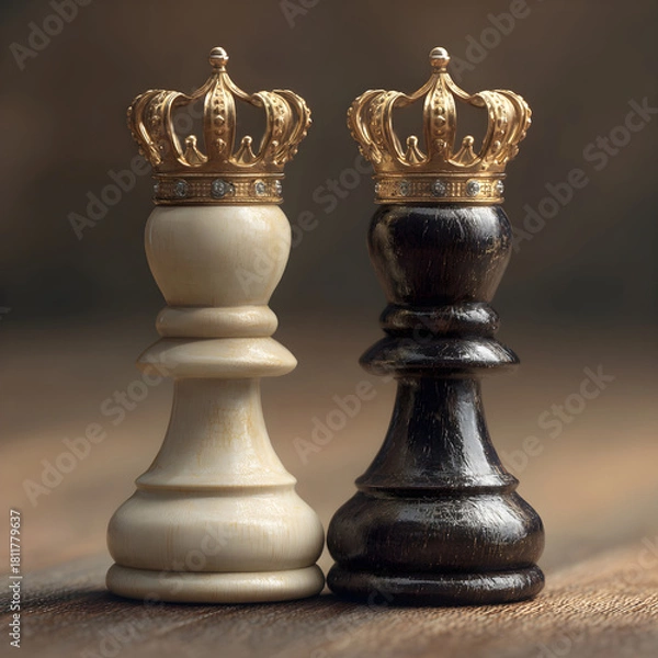 Fototapeta Two regal chess pieces a white and black queen adorned with golden crowns