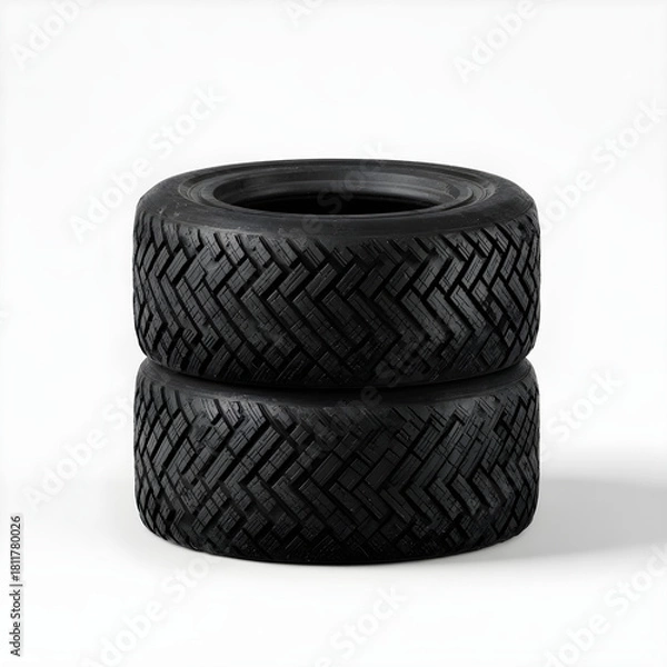 Fototapeta Two stacked black rubber tires with aggressive tread patterns on a white background