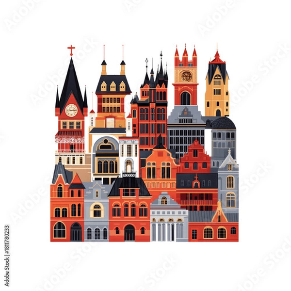 Obraz Detailed buildings illustration on black