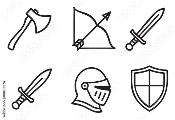 Fototapeta Set of six medieval knight icons including a sword, shield, helmet, axe, and bow with arrow, illustrated in a simple black and white line art doodle style