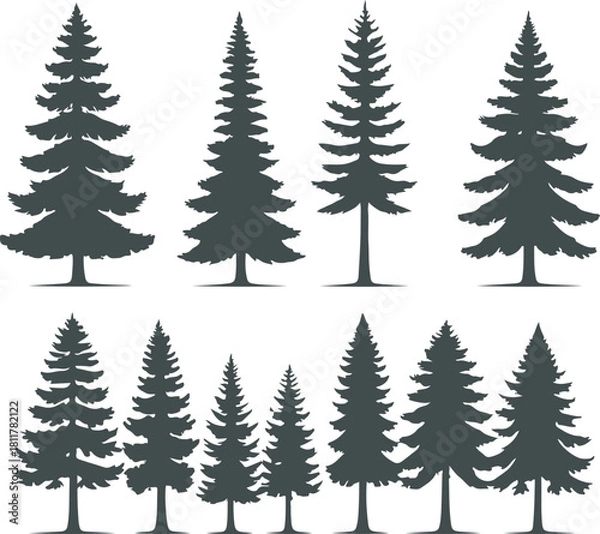 Obraz Collection of various stylized evergreen tree silhouettes in dark green or black, showing different shapes and sizes of pine or fir trees, perfect for nature design elements