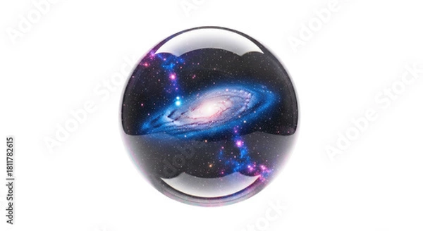 Fototapeta A clear glass sphere containing a vibrant spiral galaxy with blue and pink cosmic dust against a dark starry background, isolated on white.