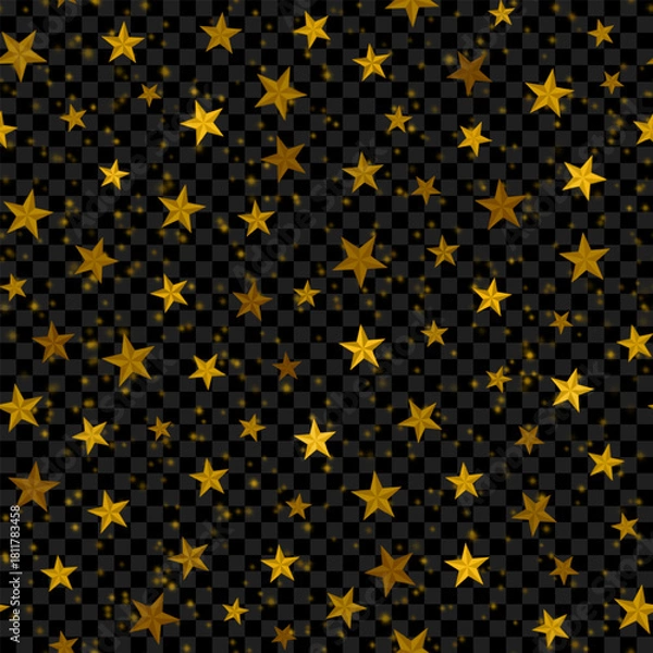 Fototapeta Golden stars and lights on a transparent background, seamless pattern, background. Suitable for banners, posters, websites, wallpapers and textile backdrops. Vector illustration.