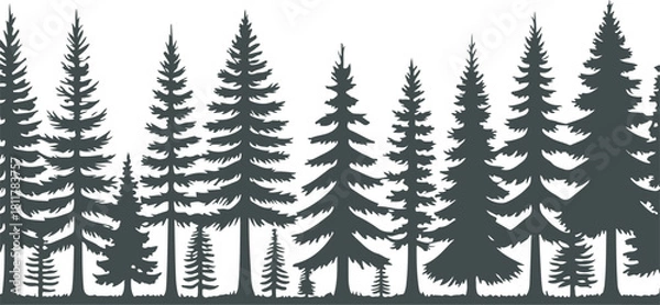 Obraz Silhouette border of various evergreen pine tree shapes in a repeating pattern, for graphic design use