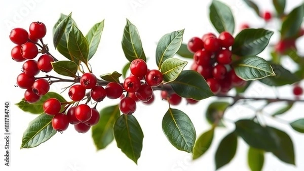 Fototapeta “Close-up of Vibrant Red Winter Berries on a Green Leafy Branch Isolated on a Bright White Background”