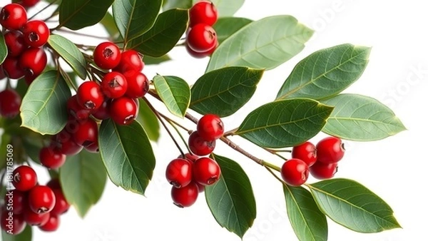 Fototapeta “Close-up of Vibrant Red Winter Berries on a Green Leafy Branch Isolated on a Bright White Background”