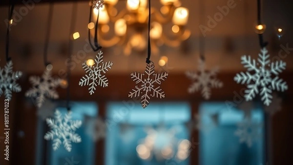 Fototapeta “Glowing Hanging Snowflake Decorations in a Cozy Winter Evening Setting with Warm Lights and Soft Snowfall”