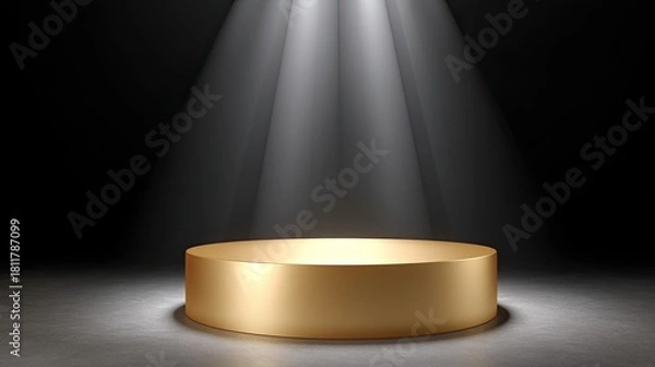Fototapeta Spotlight on a Reflective Gold Stage Platform in a Dark Setting Ideal for Showcasing Products, Awards or Creative Presentations