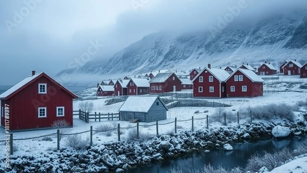 Fototapeta Peaceful winter village scene featuring charming red houses nestled between snowy mountains, frosted bushes, and a soft, misty sky, creating a serene and picturesque Nordic-style winter landscape.