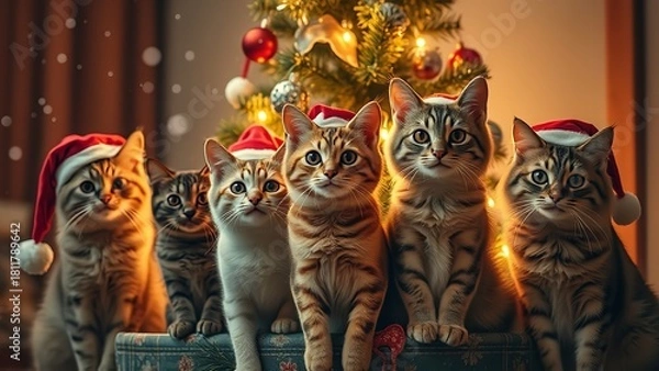 Fototapeta Adorable group of festive tabby cats wearing Santa hats, gathered together in front of a glowing Christmas tree, creating a warm and charming holiday scene full of coziness and playful cheer.