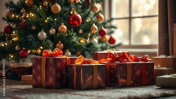 Fototapeta Warm and cozy Christmas living-room scene with a beautifully decorated tree, glowing lights, wrapped presents, and festive stockings on the soft carpet, creating a magical holiday atmosphere.