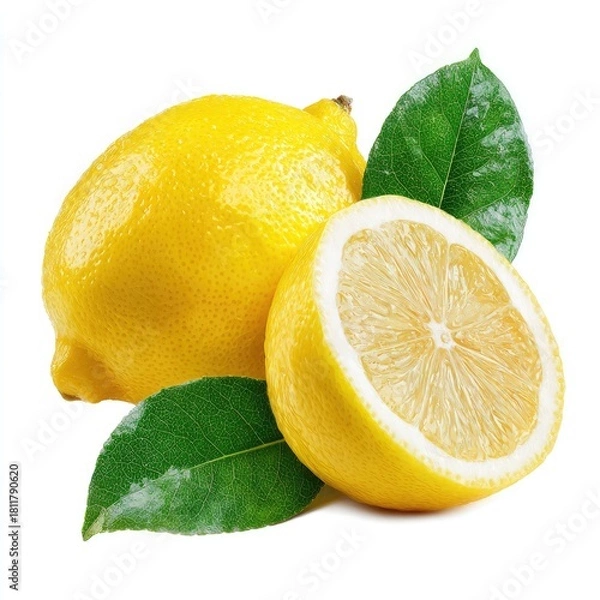 Fototapeta Two whole lemons and one half lemon, bright yellow, with fresh green leaves (1)