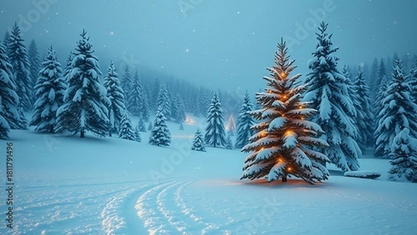 Fototapeta Peaceful winter landscape with snow-covered pine trees, soft snowfall, and a single glowing Christmas tree illuminating the serene, frosty forest at dusk.
