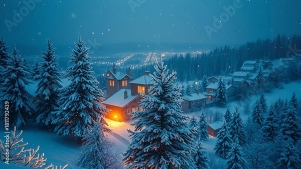 Fototapeta Peaceful winter landscape with snow-covered pine trees, soft snowfall, and a single glowing Christmas tree illuminating the serene, frosty forest at dusk.
