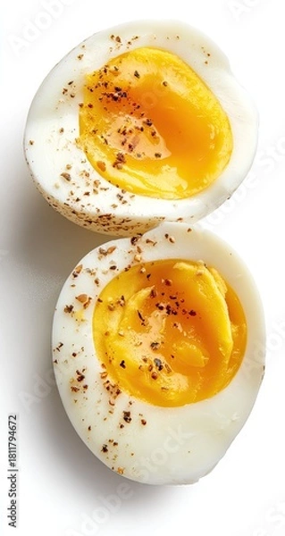 Fototapeta Two halved hard-boiled eggs, yolk and white, sprinkled with pepper