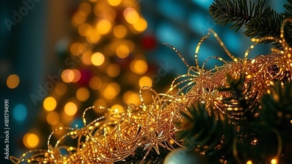 Fototapeta Golden Christmas ornaments hanging from a festive tree branch, glowing warmly against a soft background of twinkling holiday lights to create a cozy and magical seasonal atmosphere.