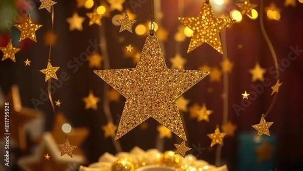 Fototapeta Glittering golden star ornaments hanging among soft, colorful holiday lights, creating a warm and magical festive atmosphere with a dreamy bokeh background.