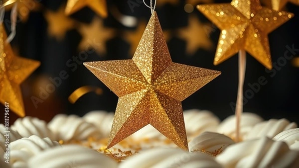 Fototapeta Glittering golden star ornaments hanging among soft, colorful holiday lights, creating a warm and magical festive atmosphere with a dreamy bokeh background.