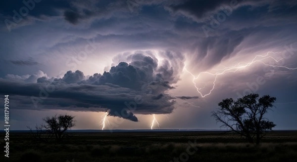 Fototapeta Lightning storm over a field with distant trees