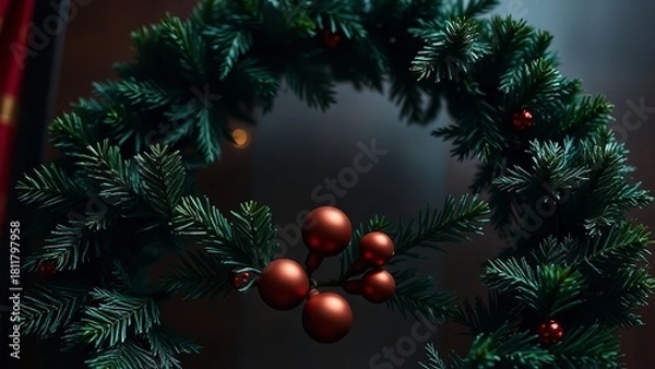 Fototapeta Elegant close-up of a festive Christmas wreath decorated with deep green pine branches and matte red ornaments, creating a classic and cozy holiday atmosphere.
