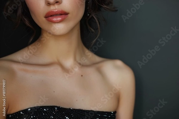 Fototapeta Young woman in sparkling black dress, set against blurred greenery, evokes elegance and natural beauty, conveying harmonious blend of glamour and serenity. Neural network AI generated