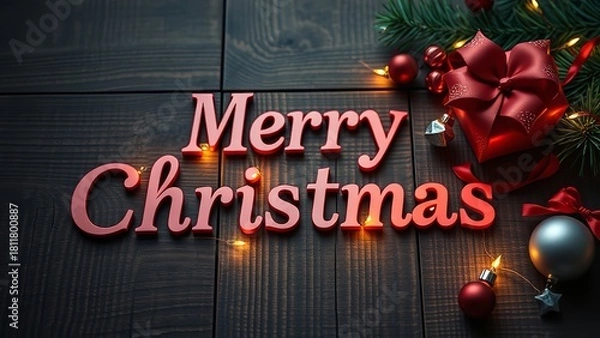 Fototapeta Festive holiday interior glowing with warm Christmas lights, featuring a beautifully decorated tree and the illuminated text “Happy Christmas 2026,” creating a joyful and celebratory seasonal atmosphe