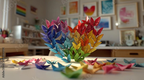 Fototapeta Origami heart and rainbow butterflies arranged on a bright office desk symbolizing inclusion