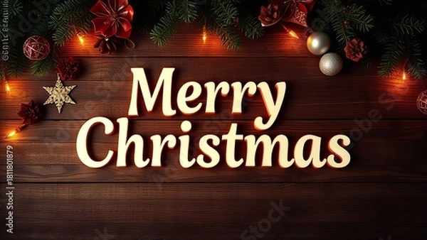 Fototapeta Festive holiday interior glowing with warm Christmas lights, featuring a beautifully decorated tree and the illuminated text “Happy Christmas 2026,” creating a joyful and celebratory seasonal atmosphe