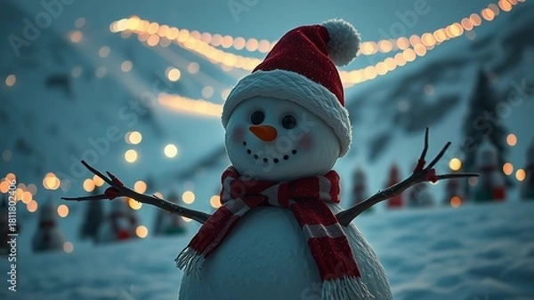Fototapeta Cheerful snowman wearing a red scarf and Santa hat, standing in a snowy mountain landscape adorned with glowing festive lights, creating a magical and joyful winter holiday atmosphere.
