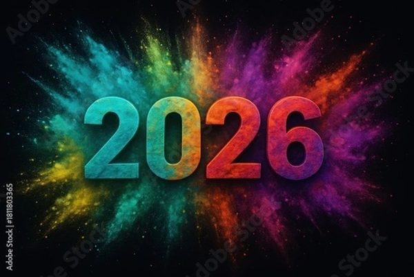 Fototapeta Colorful explosion of powder surrounding bold 2026 numbers on a black background, symbolizing celebration, energy, and new beginnings.