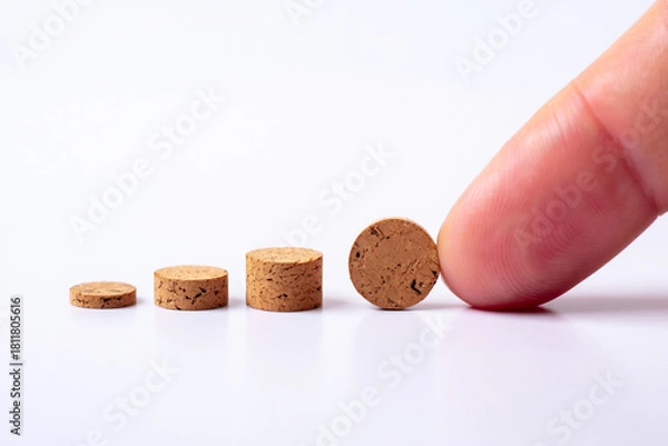 Fototapeta Growth Concept Finger Touching Increasing Cork Discs Progress Steps Development Level Up Business Plan Financial Strategy Achievement Goal