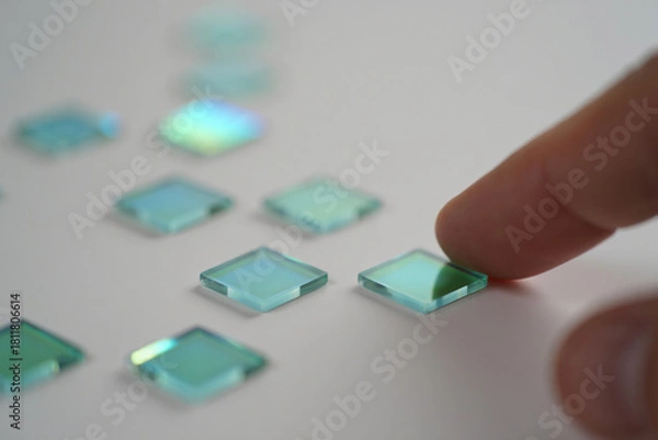 Obraz Finger Touching Small Square Glass Tile Placed on White Surface Still Life Concept Minimalist Modern Abstract Artistic Elegant Design