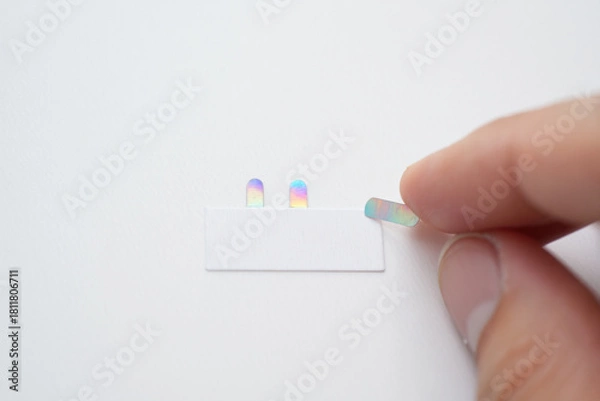 Obraz Holographic sticker tabs being applied to white paper for creative organization and labeling on clean white surface background