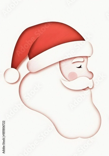 Fototapeta Vintage Red Accented Minimal Paper Cut Illustration with Soft Rounded Shapes and Subtle Pencil Textured Santa Profile