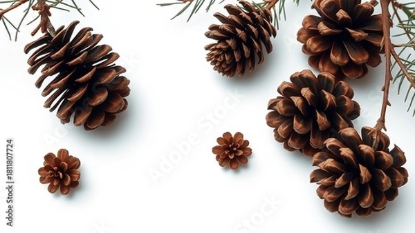 Fototapeta Natural arrangement of brown pine cones and evergreen needles on a clean white background, creating a minimalist winter and holiday–inspired botanical composition.