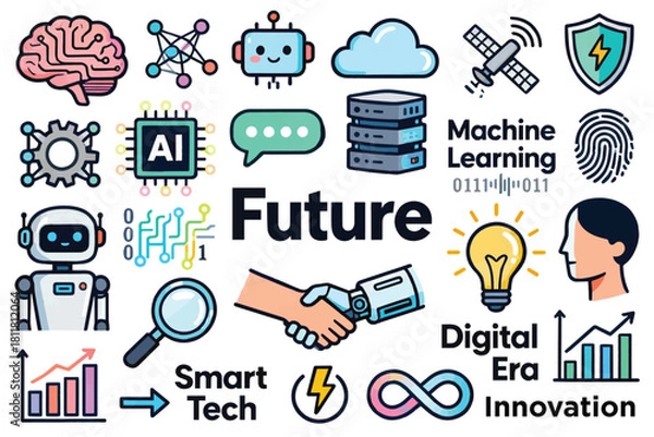 Obraz AI, Machine Learning, and Future Technology Concept Icon Set