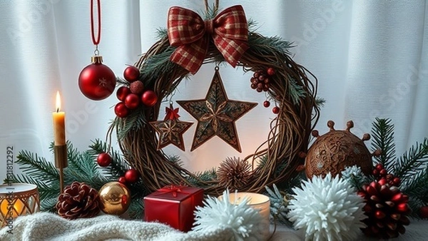 Fototapeta Elegant Christmas wreath arrangement with stars, candles, ornaments, pine branches, and cozy winter decorations displayed on a soft white backdrop, creating a warm and festive holiday atmosphere.
