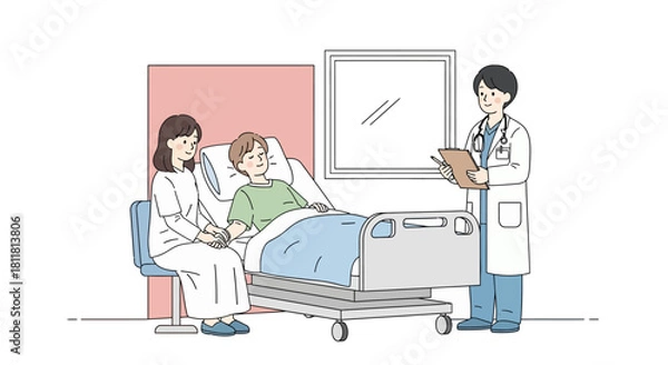 Obraz Illustration of a doctor explaining a diagnosis to a patient in a hospital bed with a family member providing support