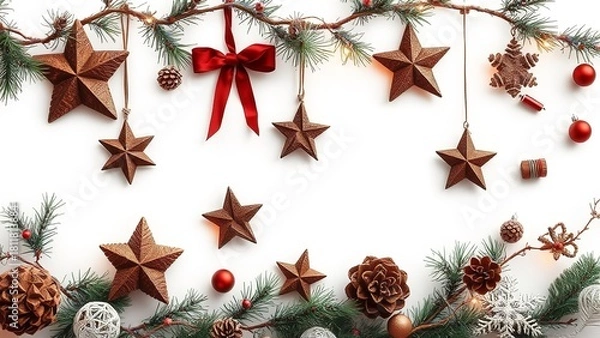 Fototapeta Elegant Christmas wreath arrangement with stars, candles, ornaments, pine branches, and cozy winter decorations displayed on a soft white backdrop, creating a warm and festive holiday atmosphere.