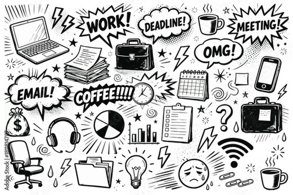 Obraz Chaotic Office Work and Deadline Stress Doodle Vector Set