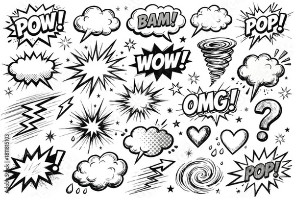 Obraz Vintage Comic Pop Art Explosion and Speech Bubble Doodle Set