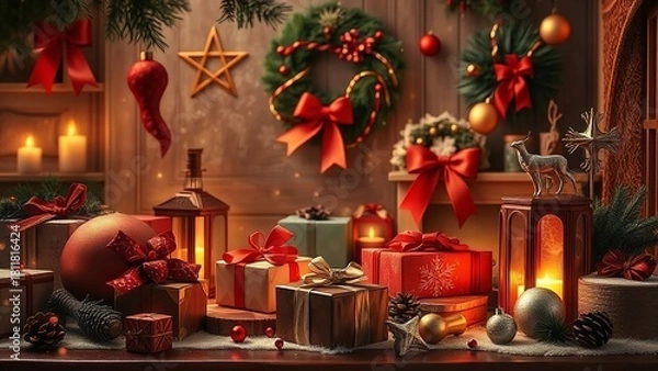 Fototapeta Flat-lay arrangement of festive Christmas decorations including red bows, sparkling ornaments, candy canes, stars, wrapped gifts, and greenery on a soft winter background, creating a cheerful and eleg