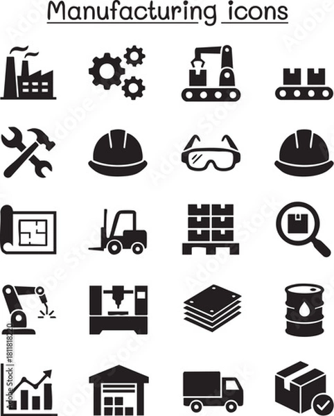 Obraz Manufacturing Vector Icon Sheet – Factory and Industry Silhouette Icons