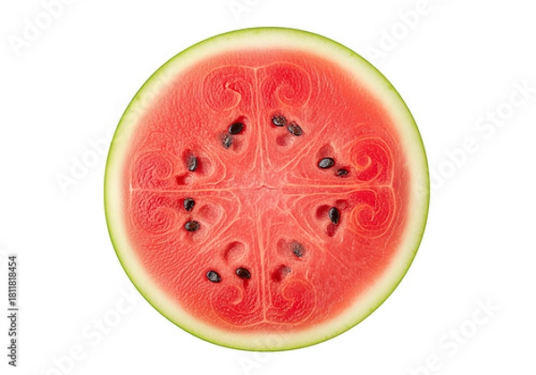 Obraz Perfectly Sliced Watermelon: Vibrant Red Flesh, Black Seeds, Isolated on White.