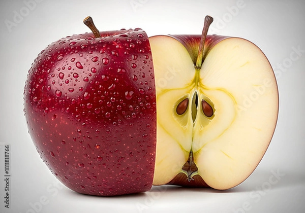 Obraz Sliced Red Apple with Water Droplets, Revealing Seeds and Interior, Studio Shot.