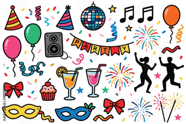 Obraz Vibrant Party Celebration and Nightlife Doodle Element Set