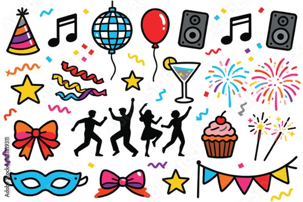 Obraz Vibrant Party Celebration and Nightlife Doodle Element Set